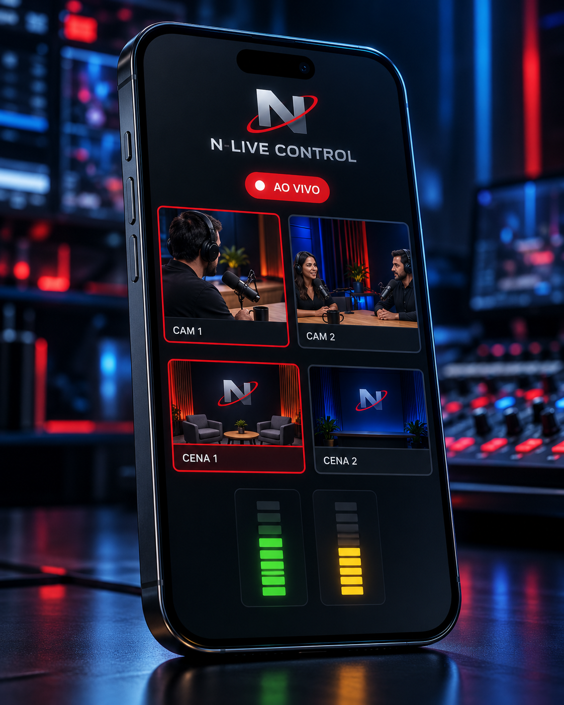 Ilustração cinematográfica de um celular com o painel N-LIVE CONTROL, câmeras e controles de áudio